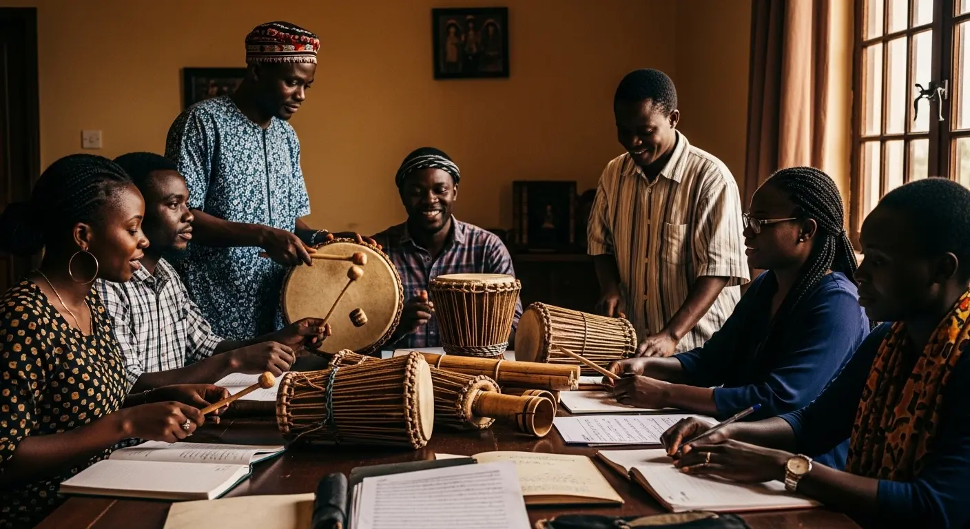 Musicians gathered around a table with traditional African instruments and sheet music