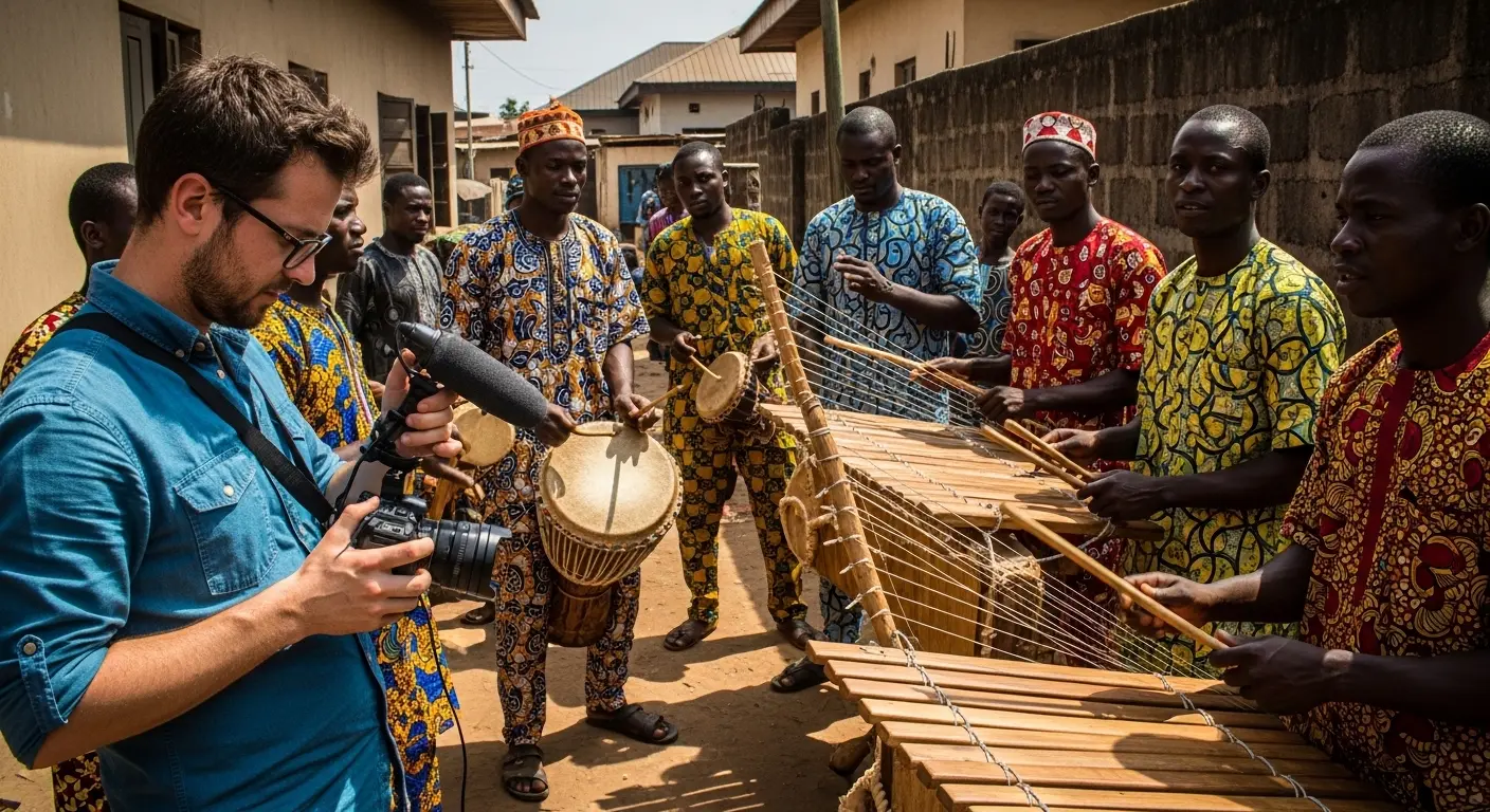 African musicians performing outdoors with traditional instruments